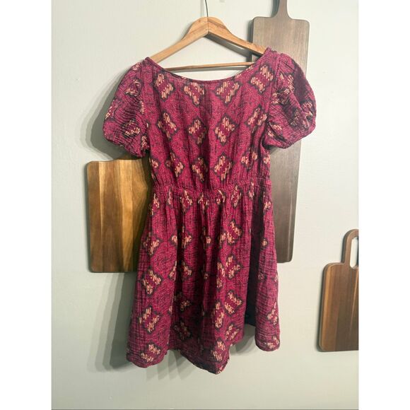 Anthropologie V-Neck Keyhole Puffed Sleeve Baby Doll Mini Dress Burgundy Small - Picture 2 of 6